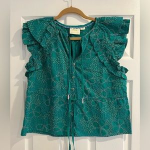 Anthropologie Green Embroidered Blouse